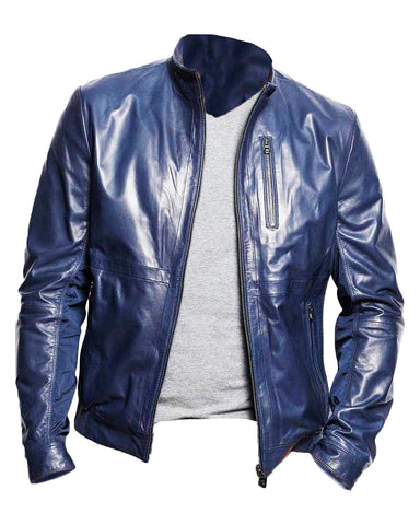 Men’s Zipper Pocket Style Casual Navy Blue Leather Jacket