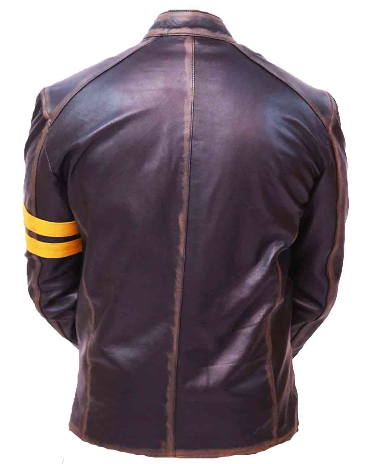 Men's Black Cafe Racer Leather Jacket With Yellow Strip