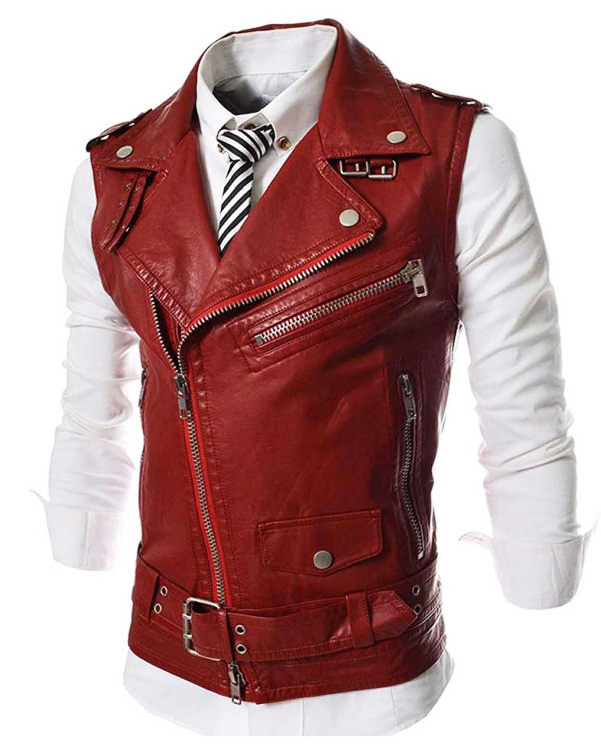 Men’s Asymmetrical Slim Fit Motorcycle Red Leather Vest