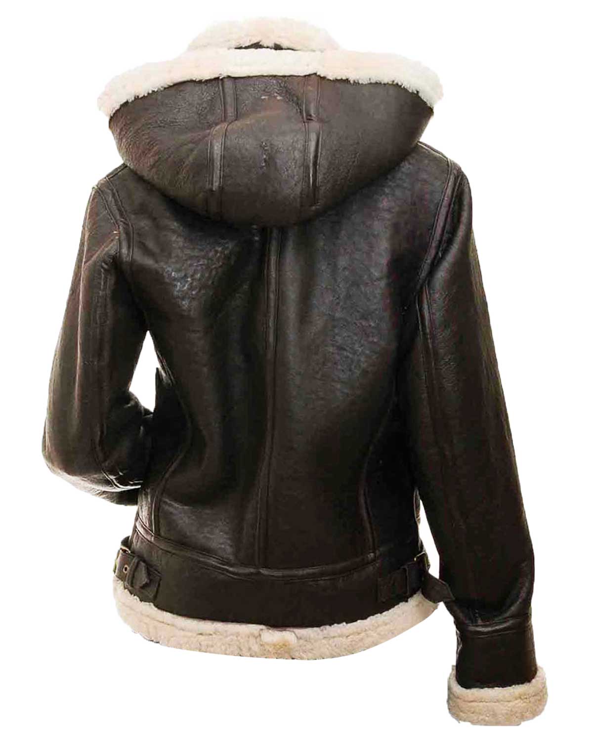 Women’s Shearling Brown Leather Bomber Jacket with Hood