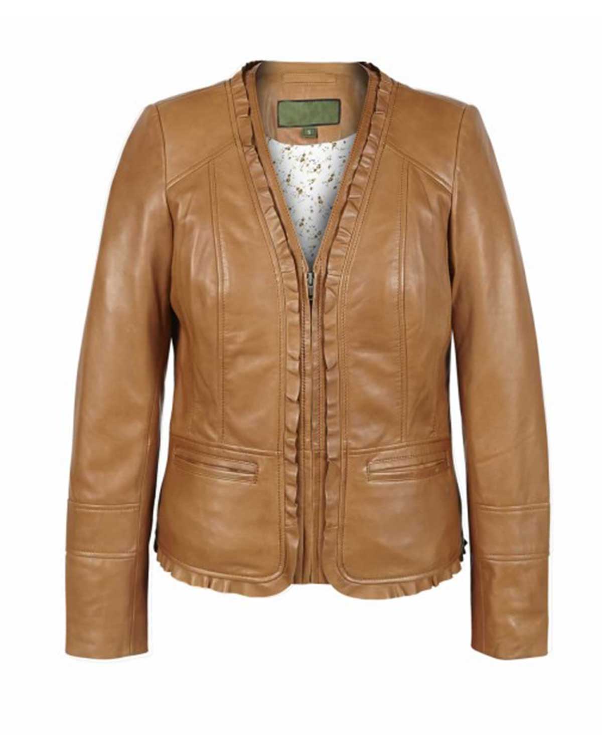 Women’s Motorcycle Gear V Neck Casual Tan Leather Biker Jacket