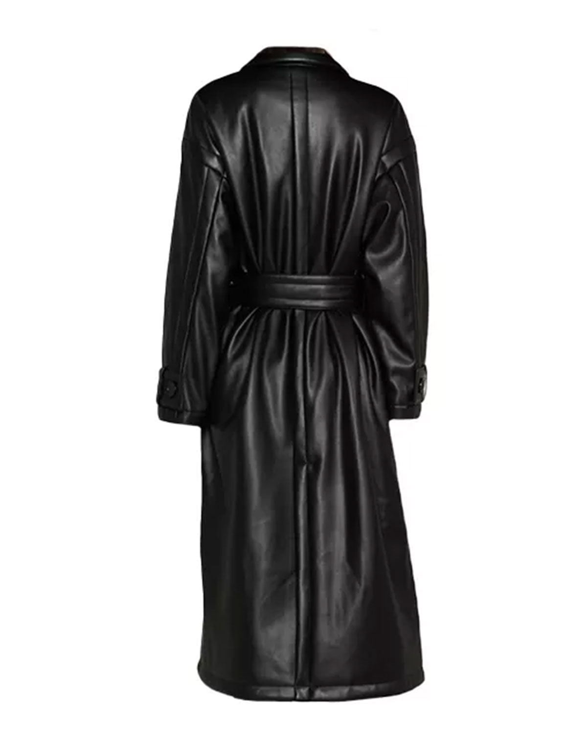 Womens Black Leather Trench Coat Double Breasted