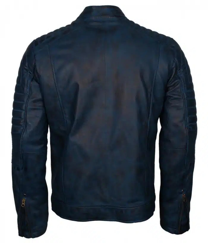 Blue Men’s Vintage Cafe Racer Genuine Leather Jacket