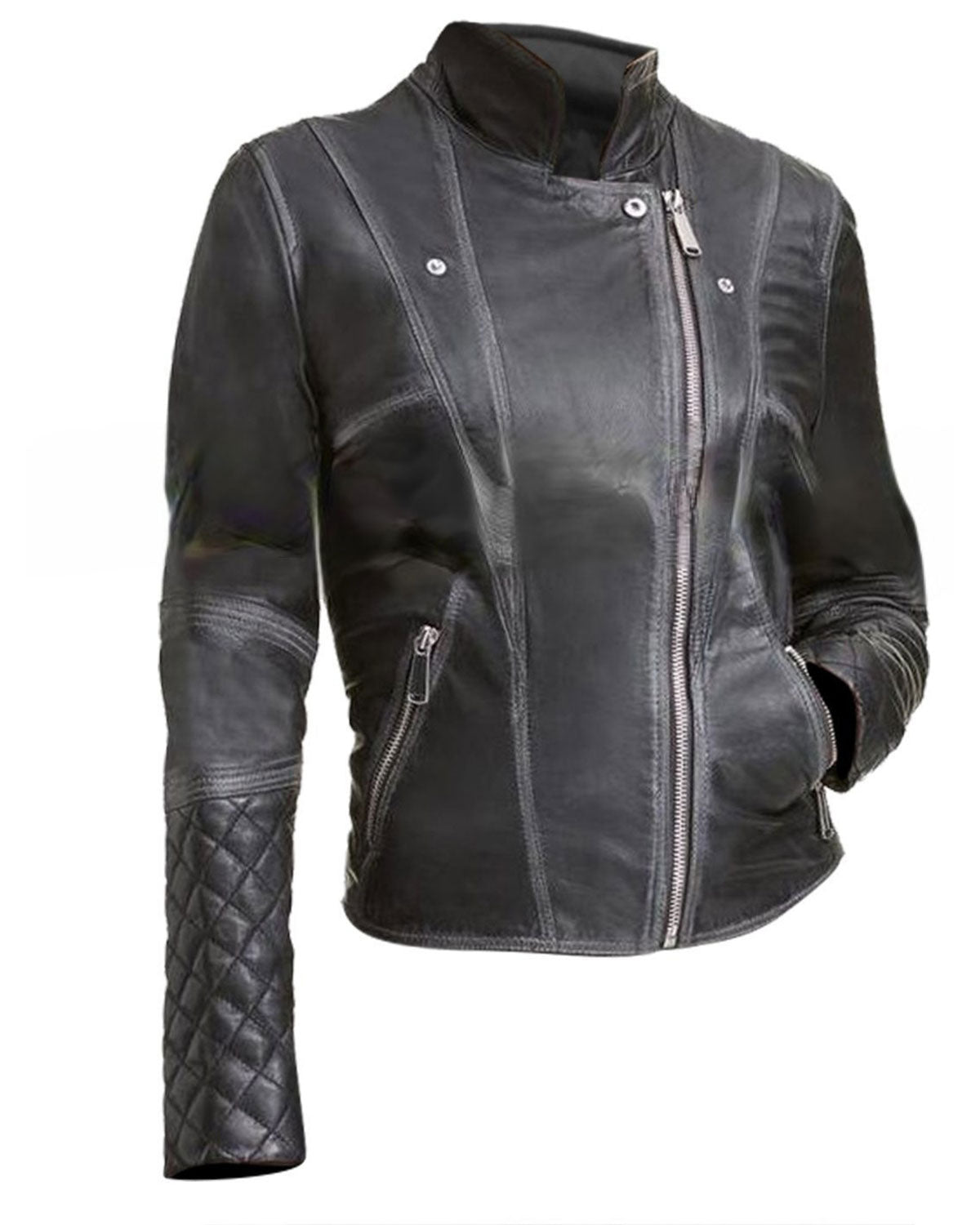 Womens Black Leather Biker Jacket Quilted and Slim Fit