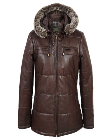 Brown Hooded Women’s Leather Jacket