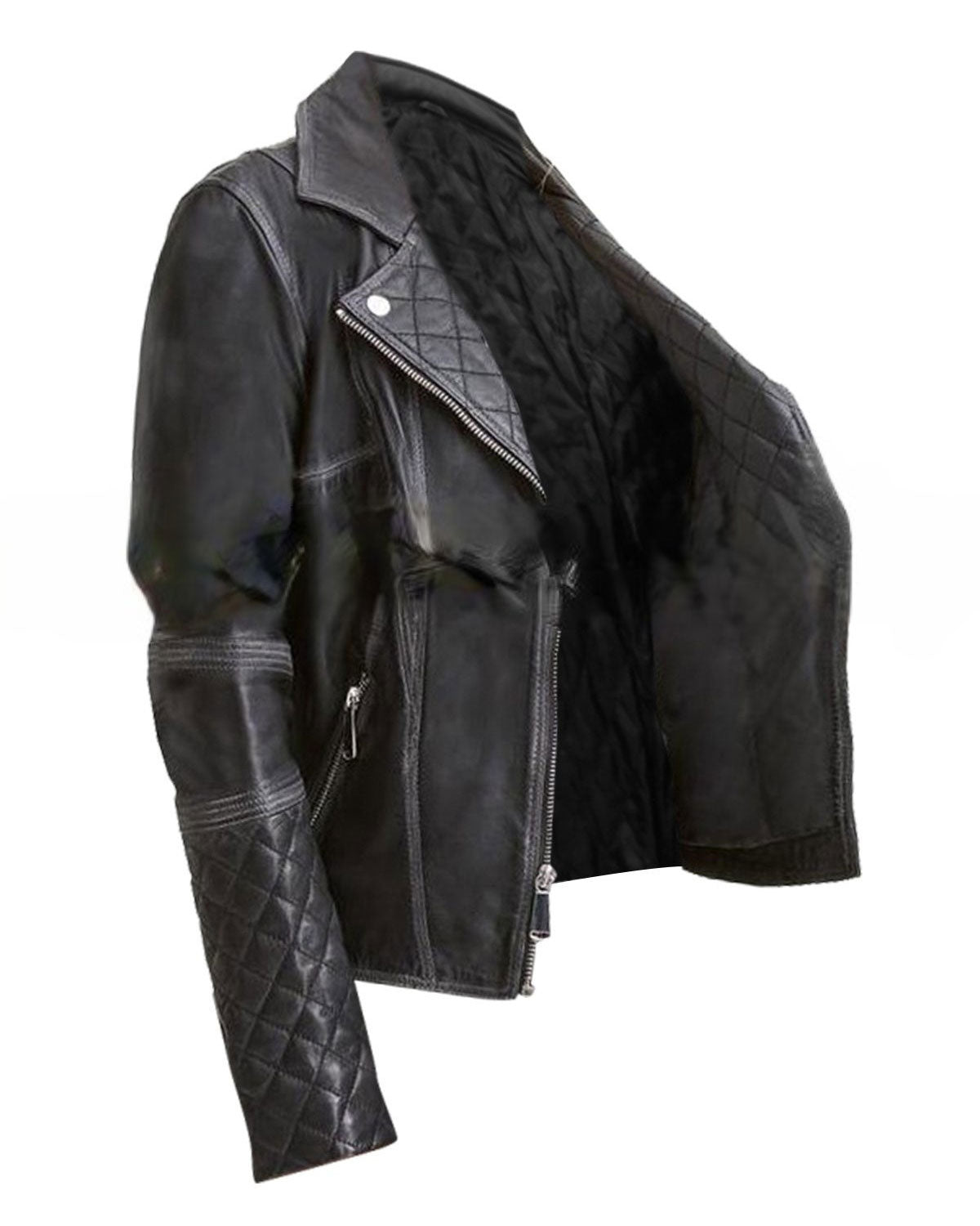 Womens Black Leather Biker Jacket Quilted and Slim Fit