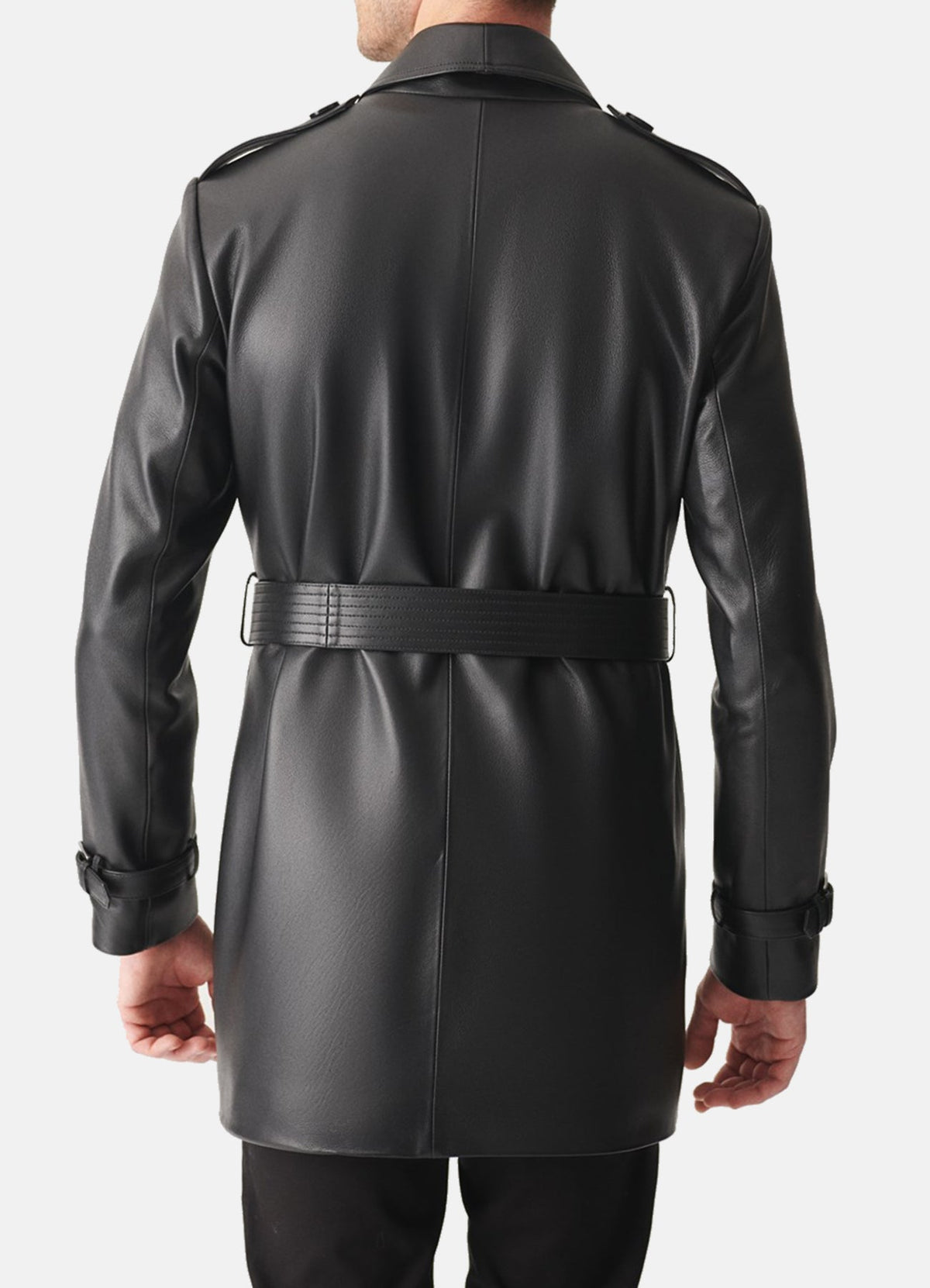 Mens Black Mid-Length Leather Coat