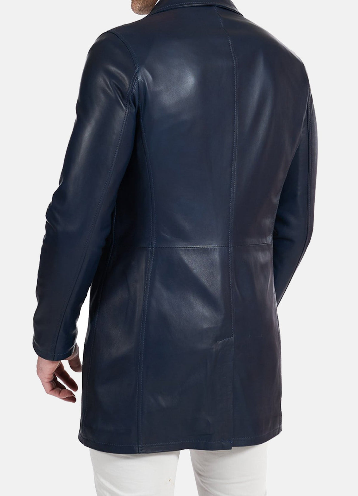 Mens Casual Blue Mid-Length Leather Coat