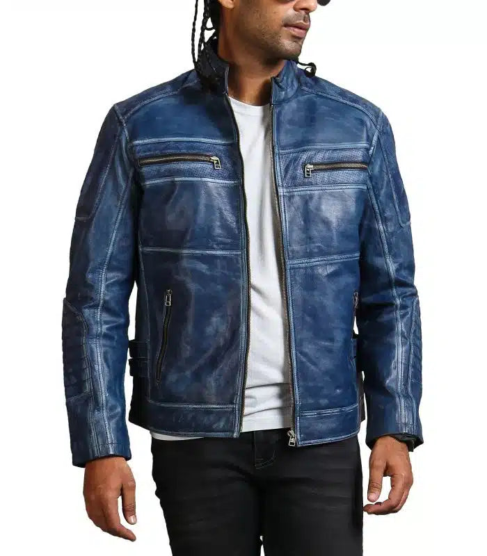 Blue Cafe Racer Mens Vintage Biker Leather Jacket