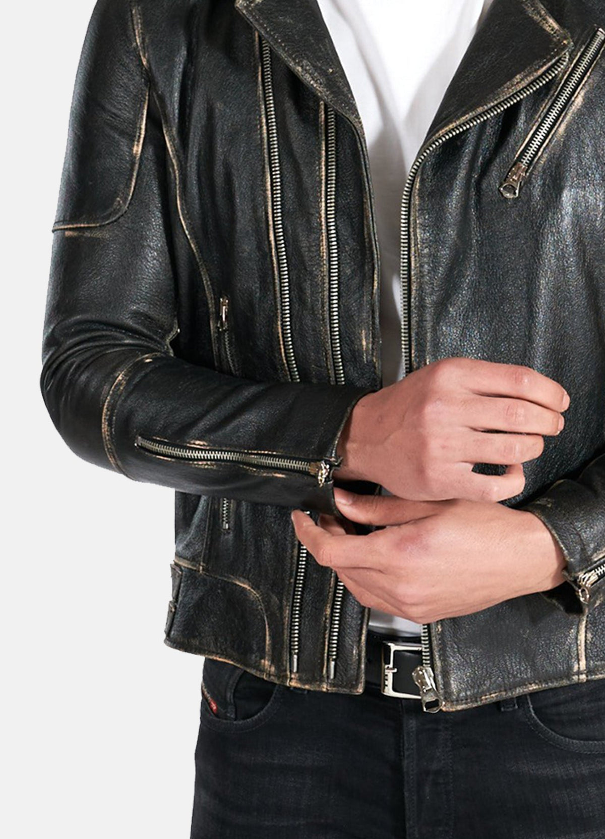 Mens Distressed Black Biker Leather Jacket