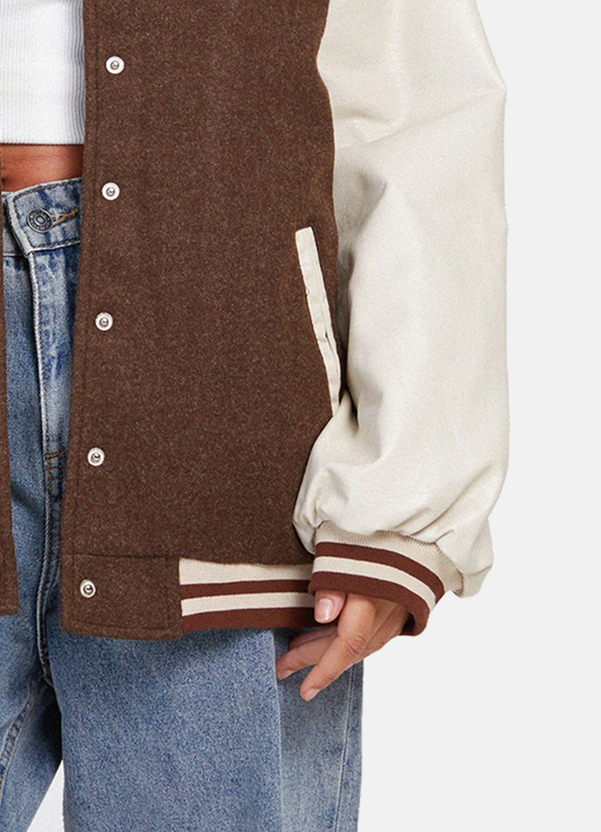 Womens Brown and White Oversized Varsity Jacket