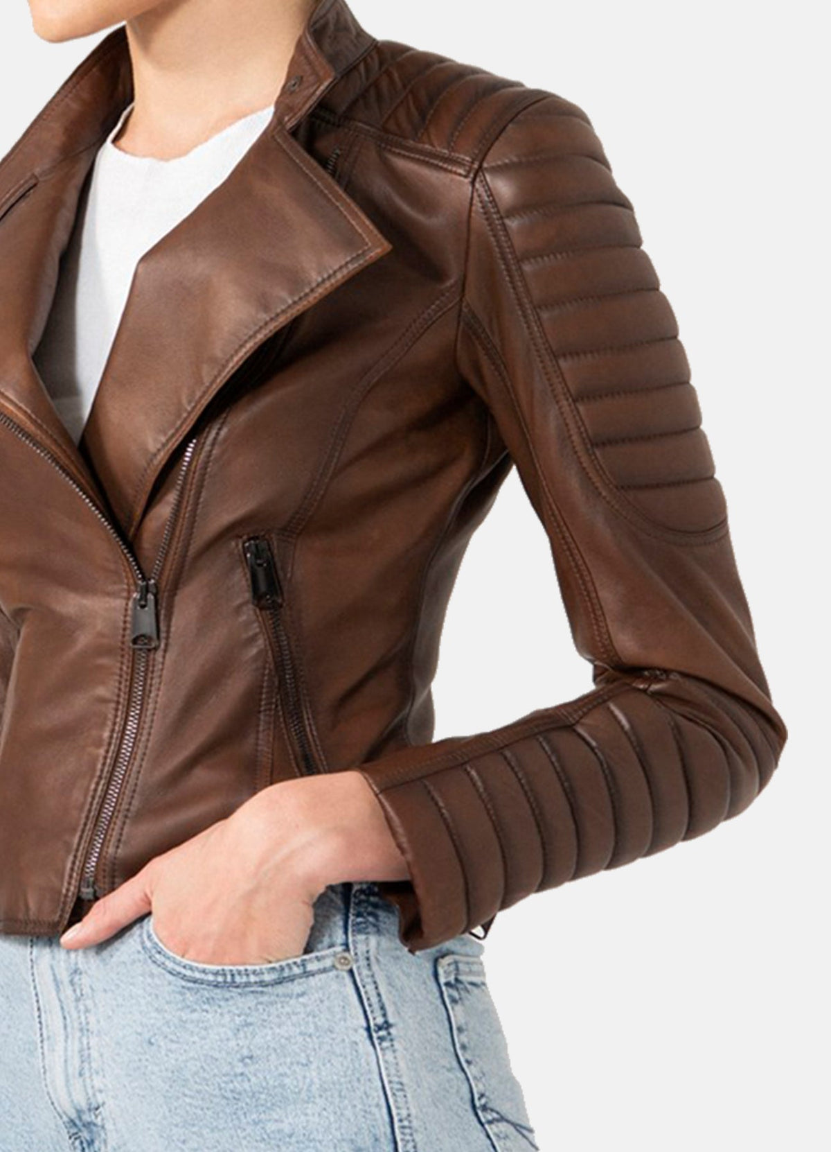 Womens Quilted Brown Biker Leather Jacket