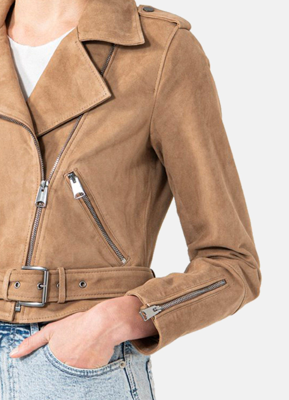 Womens Camel Suede Biker Leather Jacket