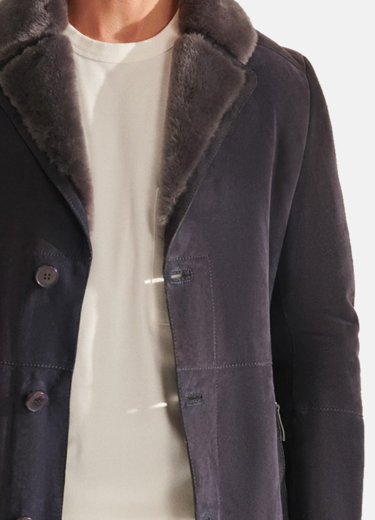 Mens Navy Blue Shearling Leather Coat