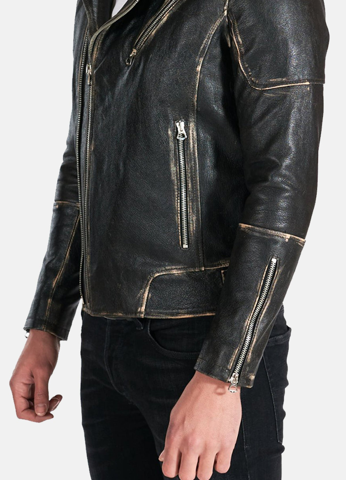 Mens Distressed Black Biker Leather Jacket