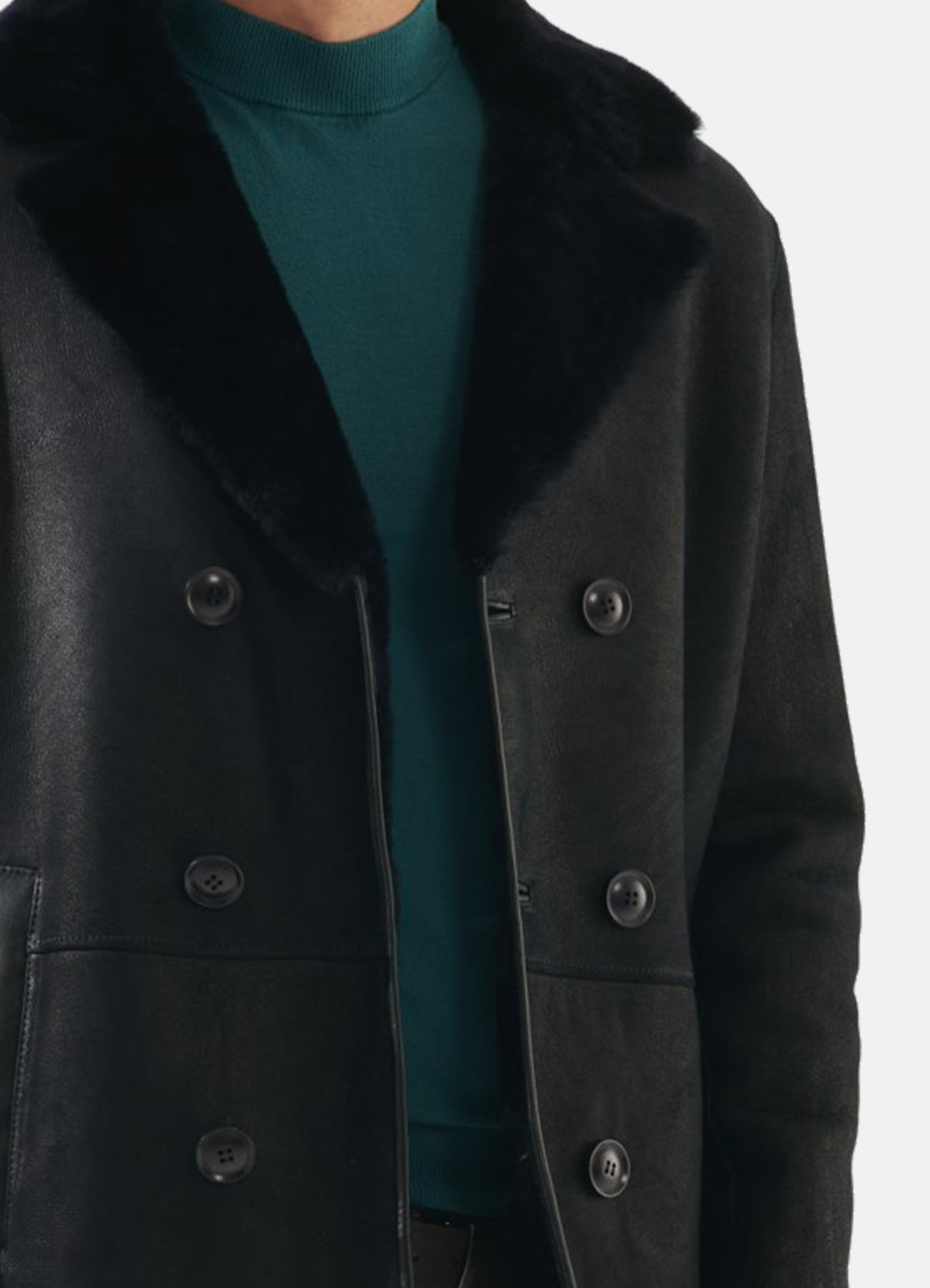 Mens Matt Black Shearling Leather Coat