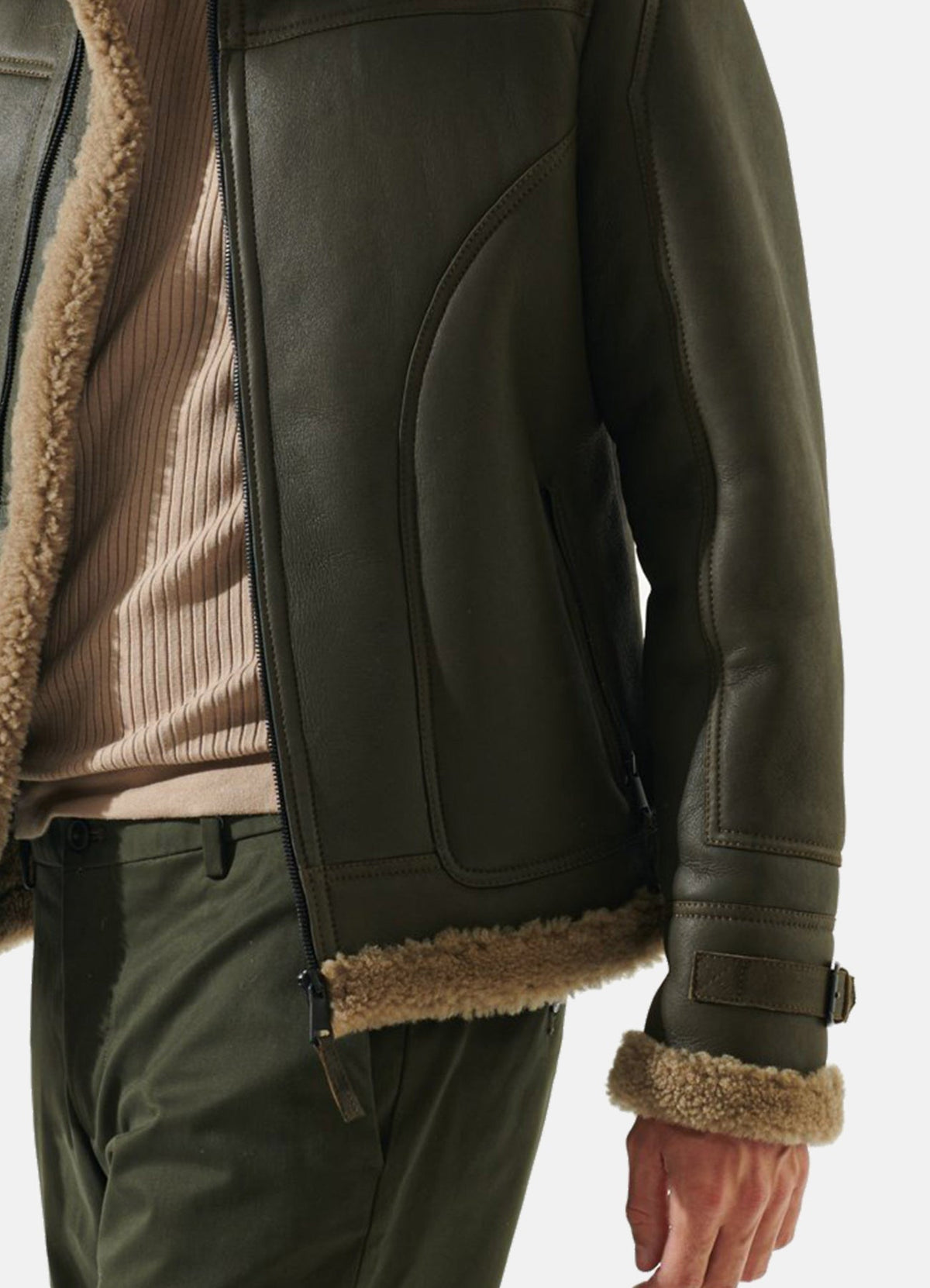 Mens Moss Green Shearling Leather Jacket