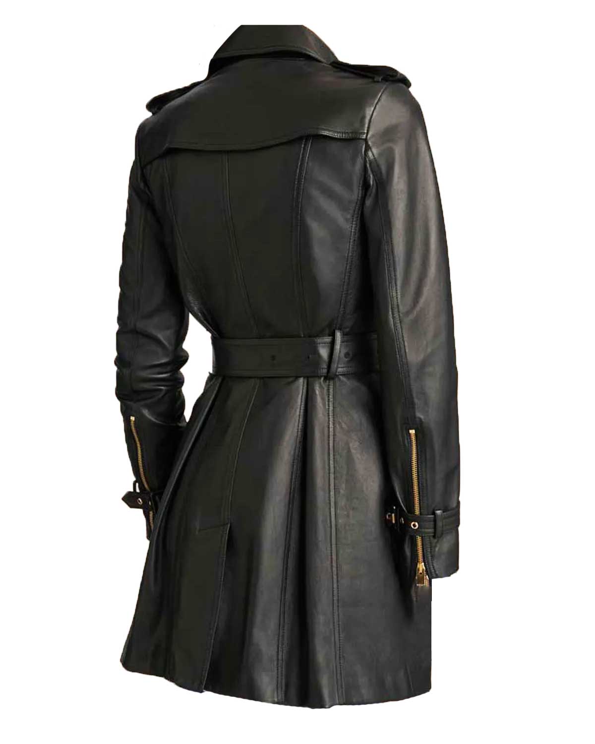 Black Women’s Mid-Length Double Breasted Leather Coat