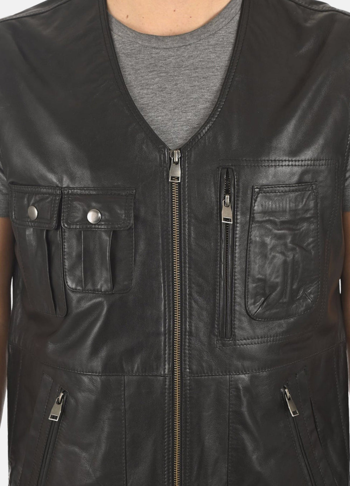 Mens Military Style Black Leather Vest