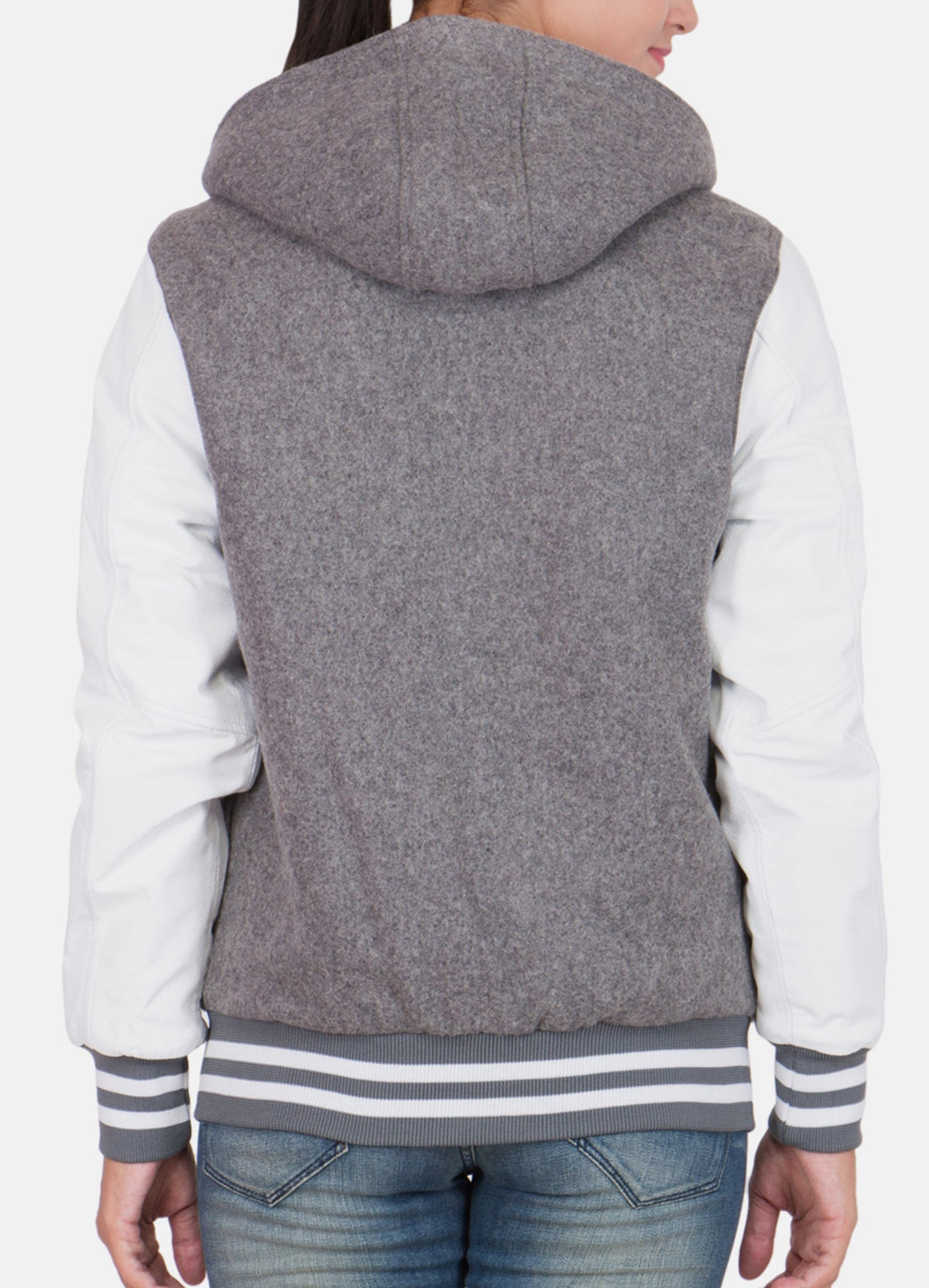 Womens Grey and White Hooded Varsity Jacket