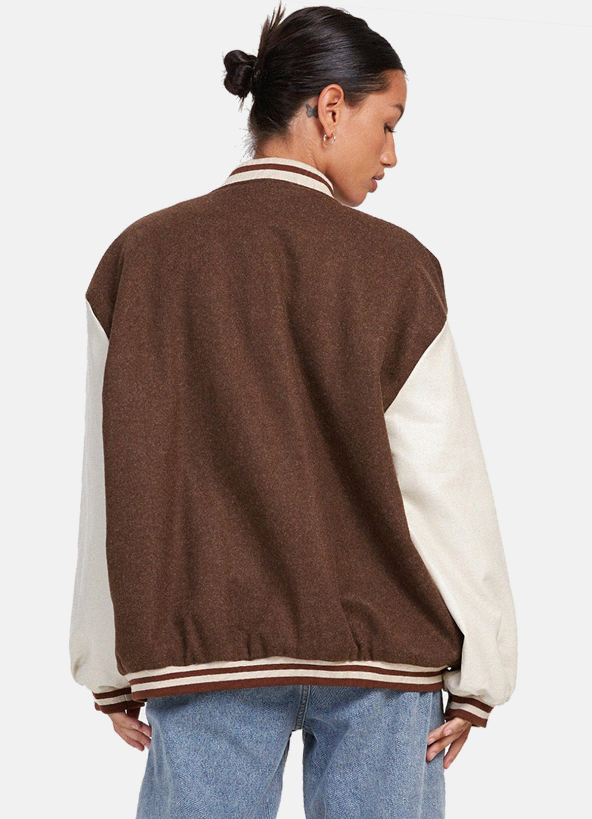 Womens Brown and White Oversized Varsity Jacket