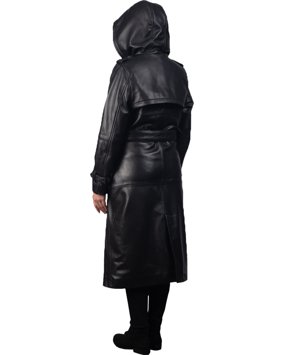 Women's Hooded Real Leather Long Trench Coat