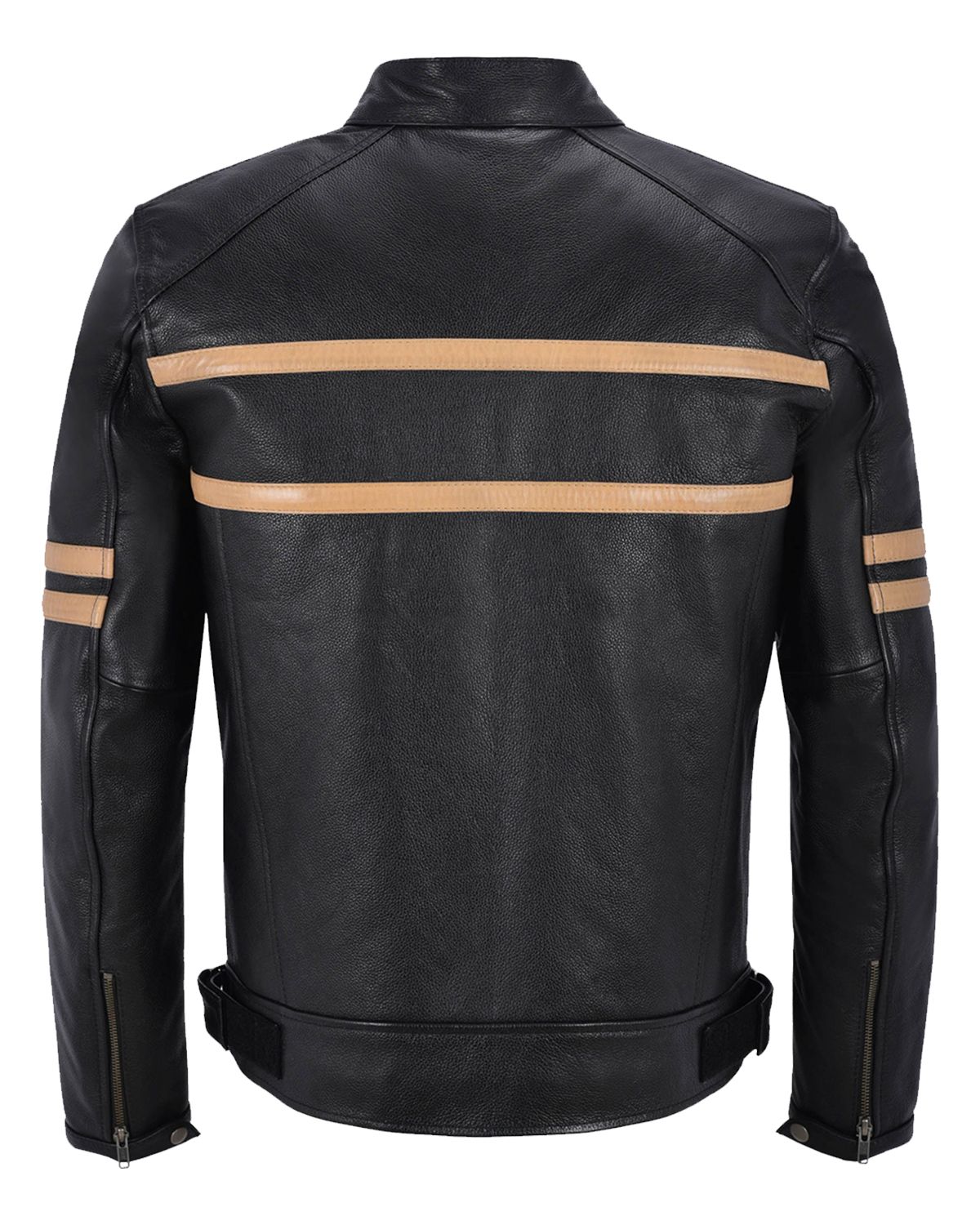 Men's Black With Beige Stripes Biker Motorcycle Leather Jacket