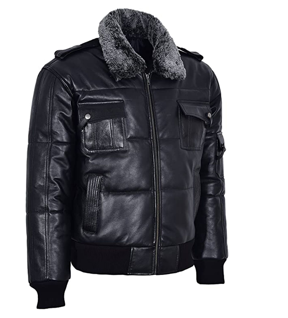 Men's Puffer Black Fur Collar Bomber Jacket