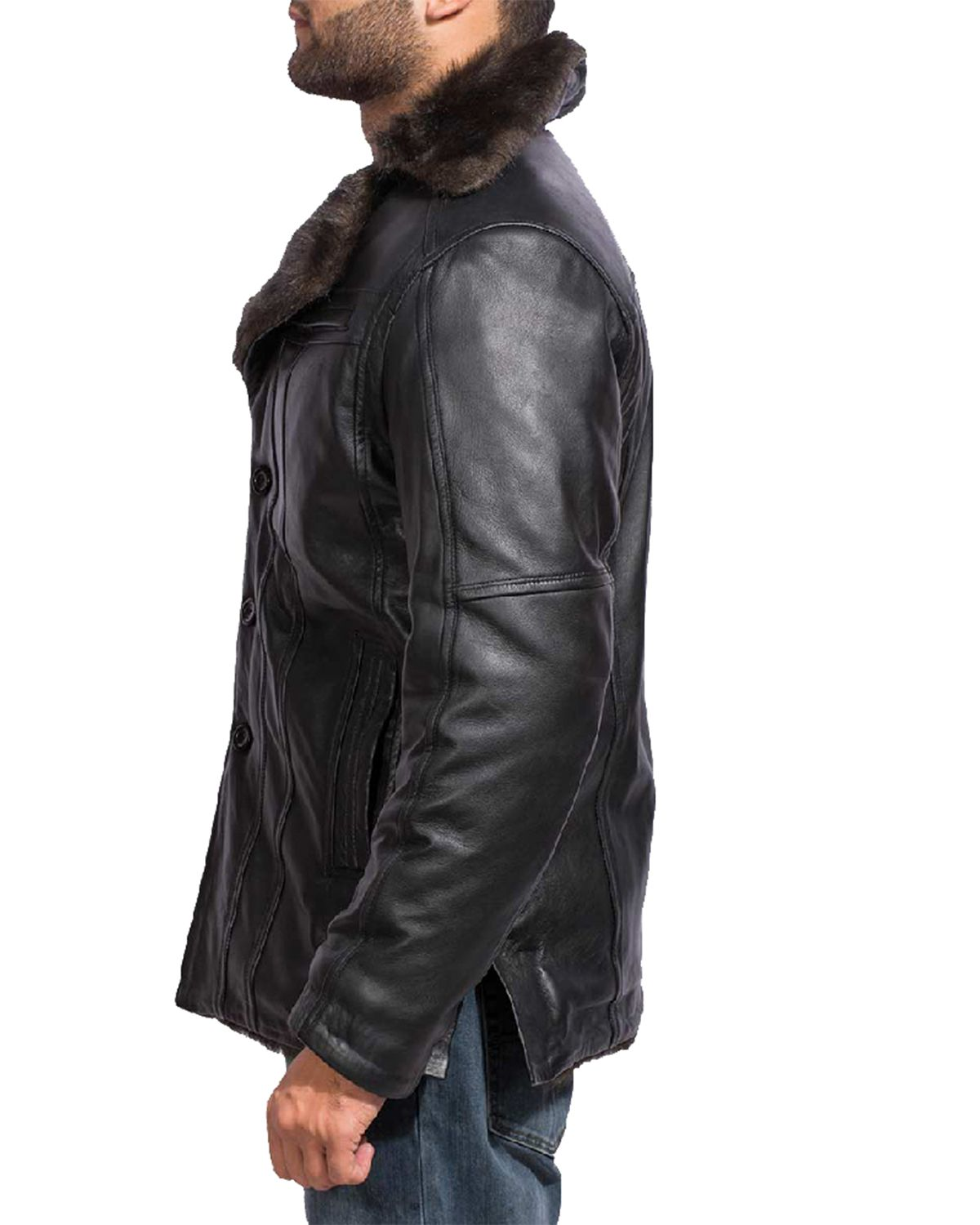 Men's Black Fur Collar Bomber Leather Jacket