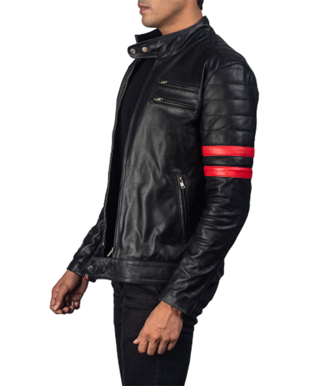 Men's Black Biker With Red Stripes Real Leather Jacket