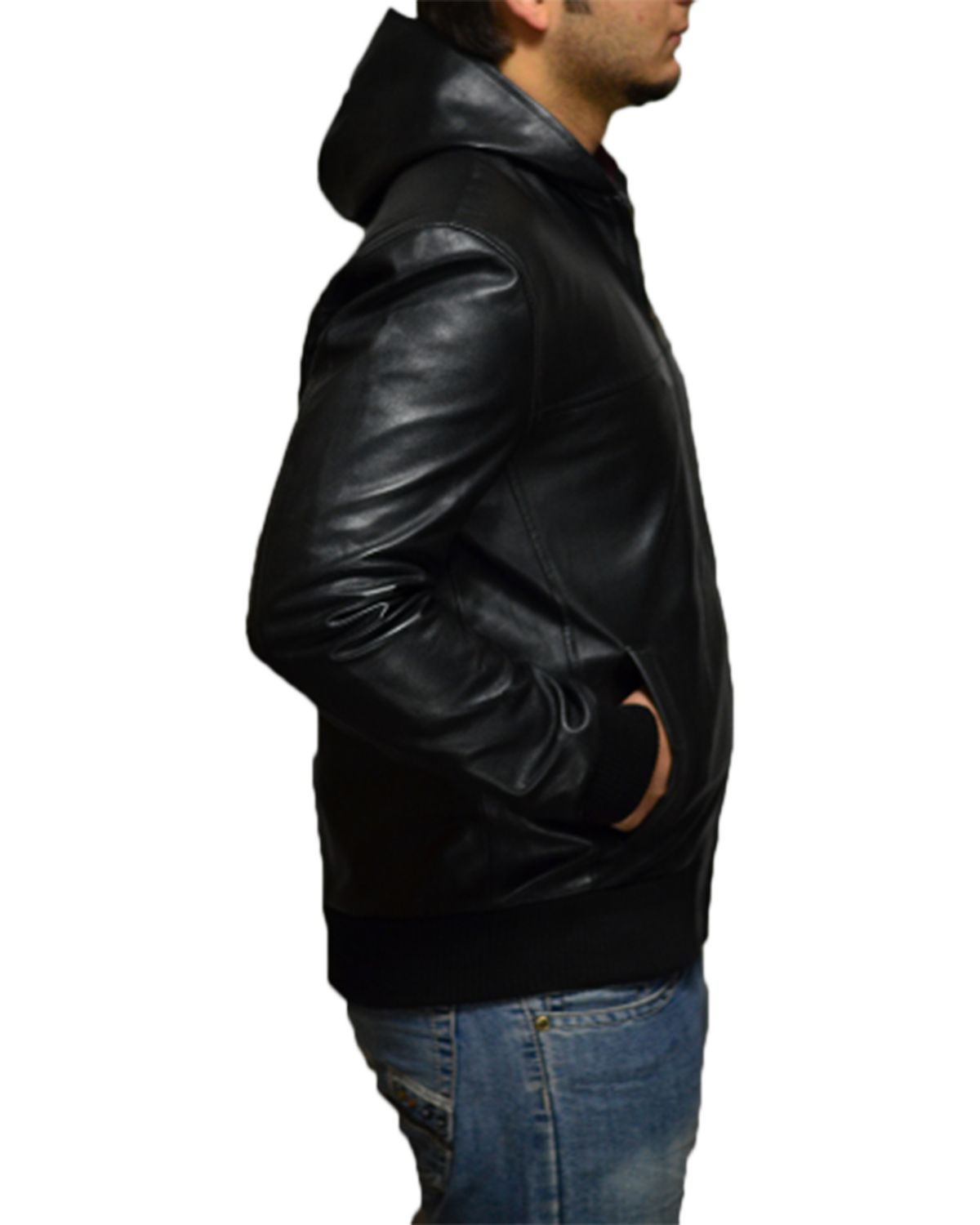 Men's Hooded Black Biker Real Sheepskin Leather Jacket