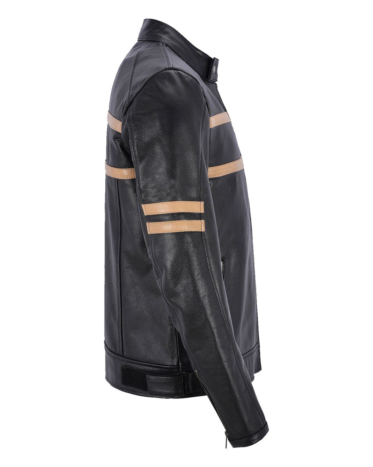 Men's Black With Beige Stripes Biker Motorcycle Leather Jacket