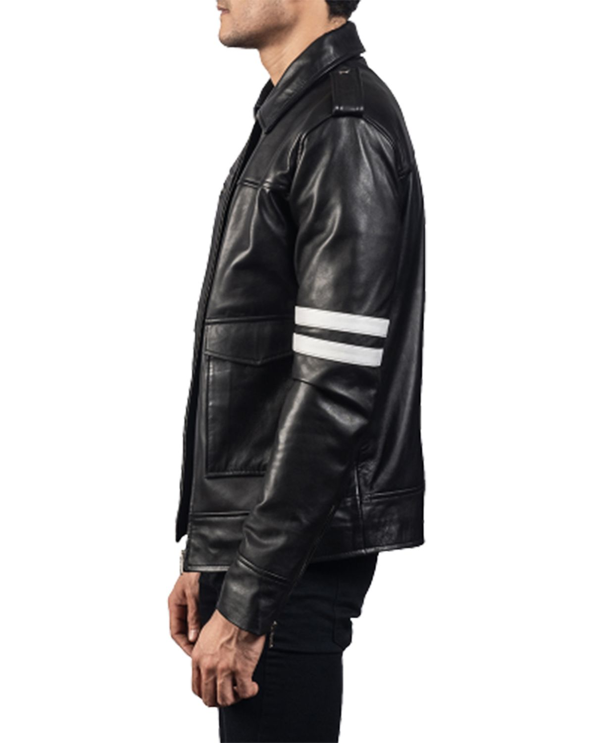 Men's Black Biker With White Stripes Leather Jacket