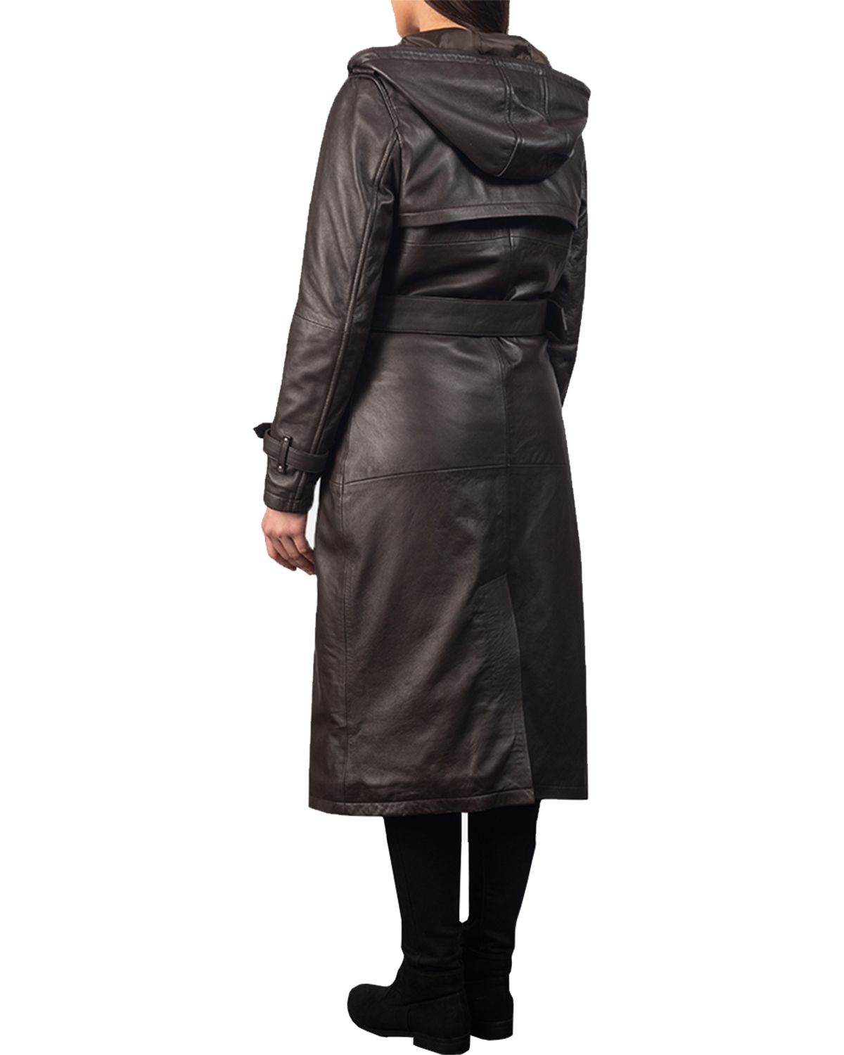 Women's Hooded Real Leather Long Trench Coat