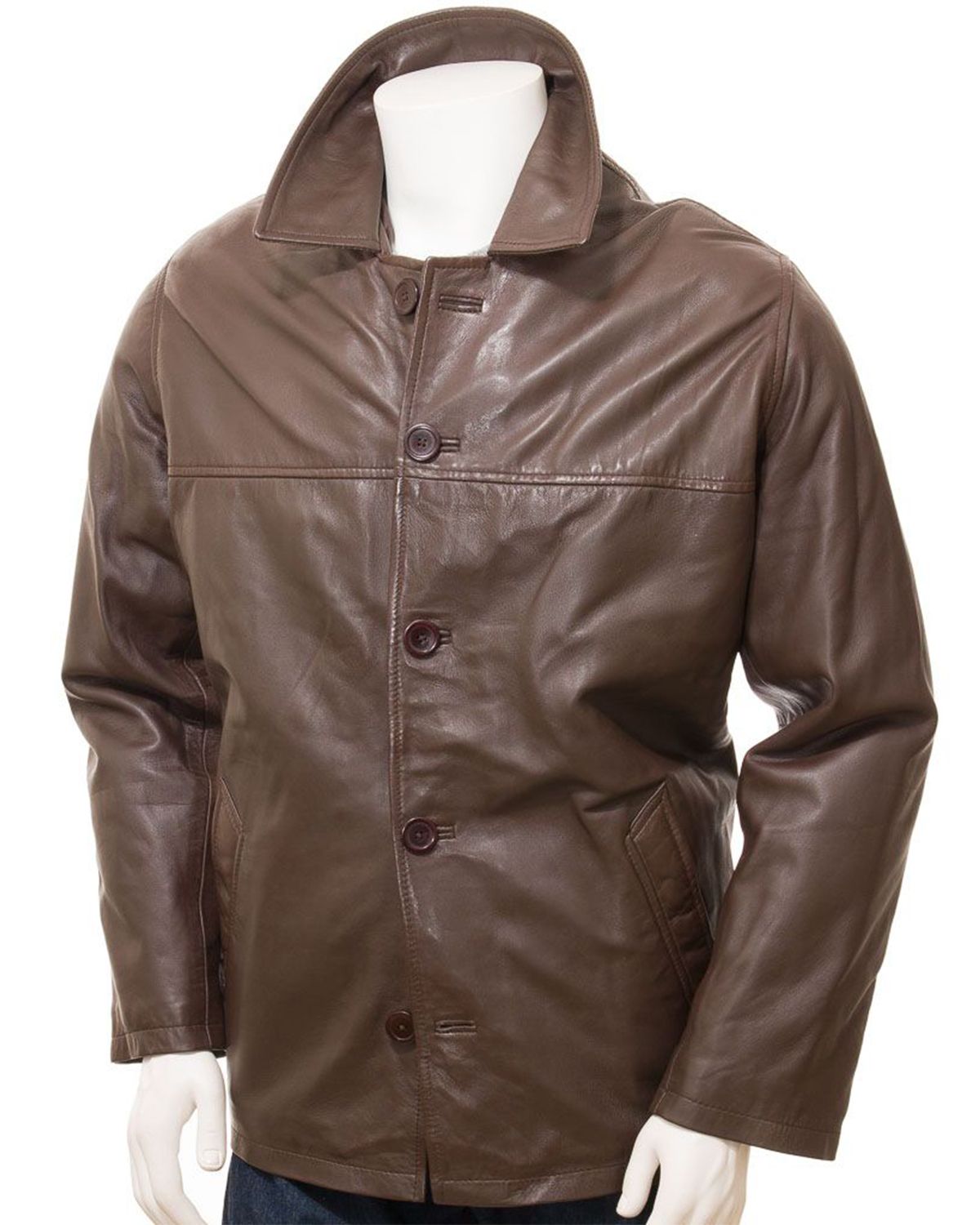 Men's Brown Reefer Style Genuine Sheepskin Leather Coat