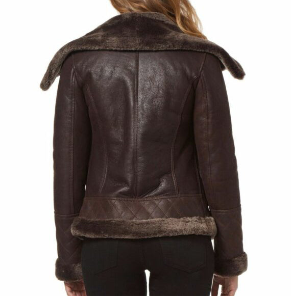 Women's Fur Shearling Stylish Brown Biker Jacket