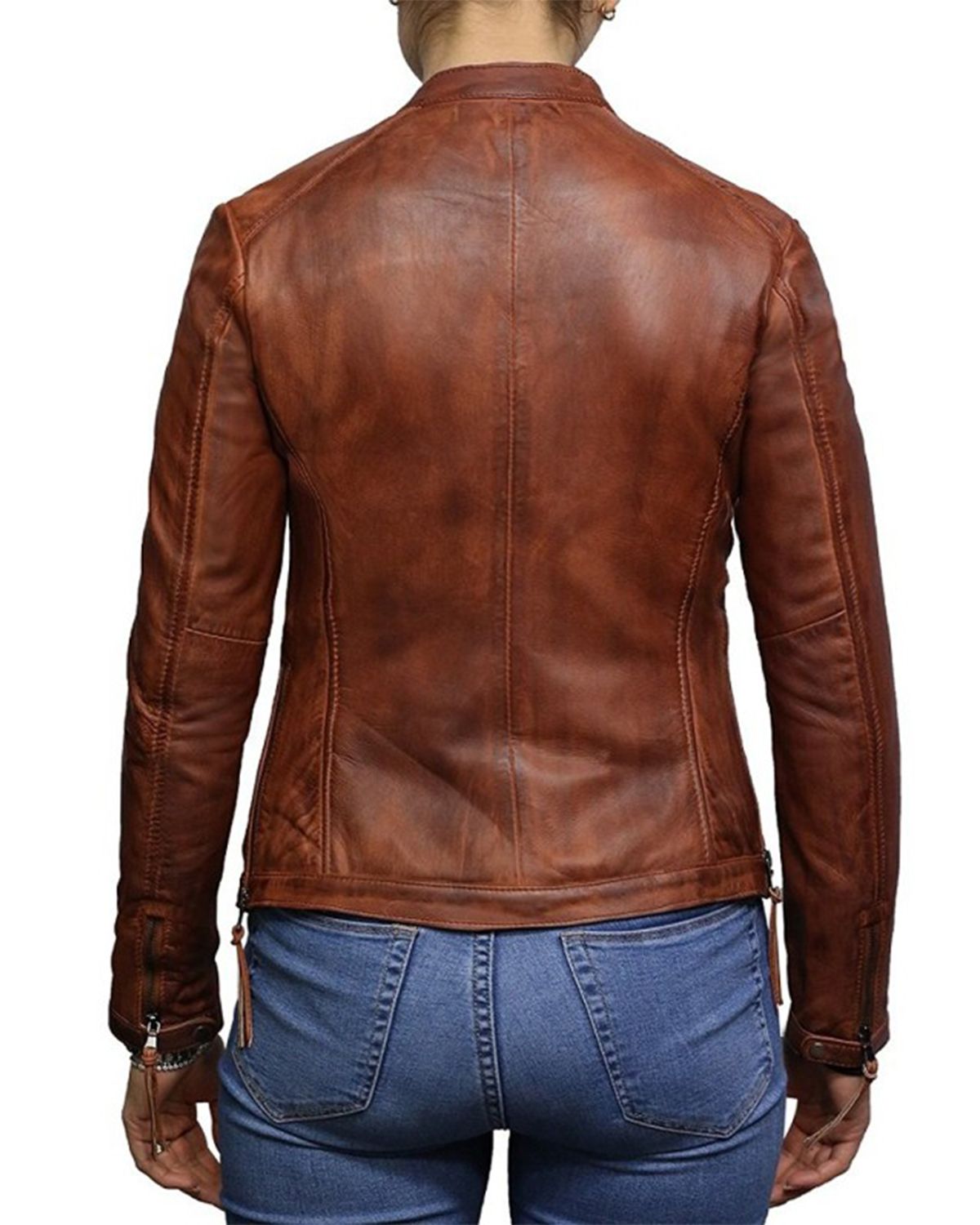 Women's Waxed Brown Biker Real Sheepskin Leather Jacket