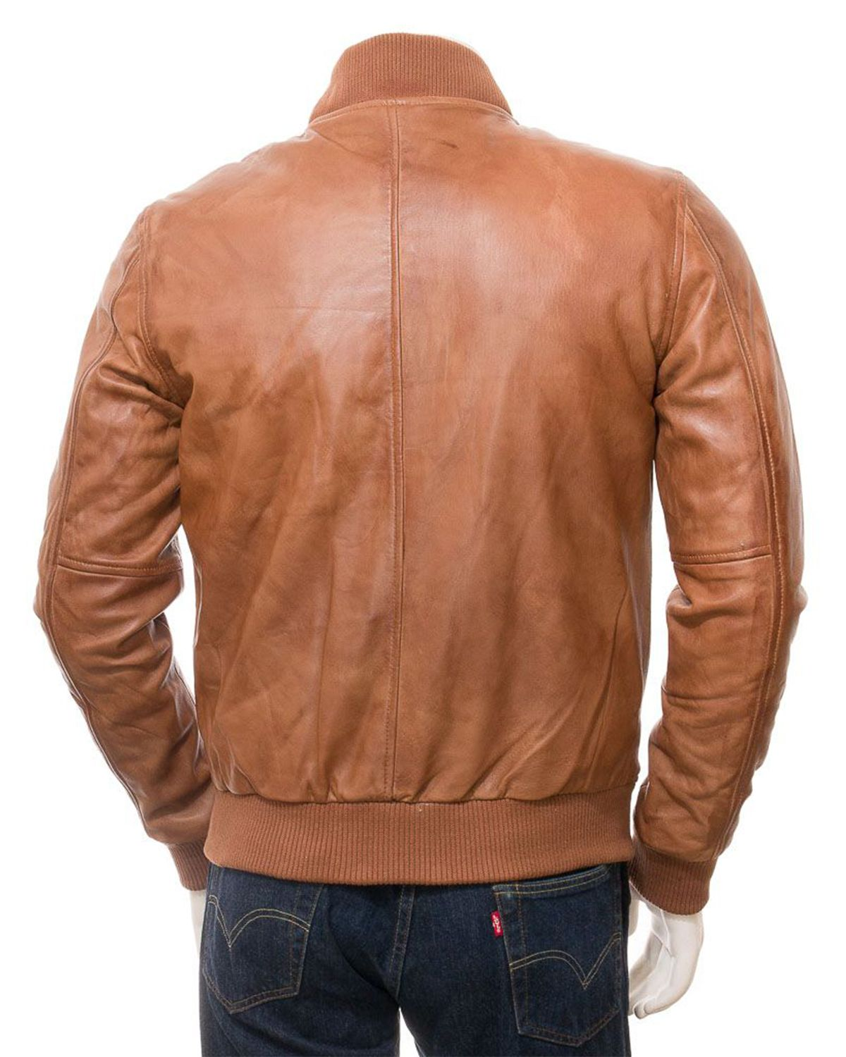 Men's Ribbed Cuffs Tan Brown Bomber Real Leather Jacket