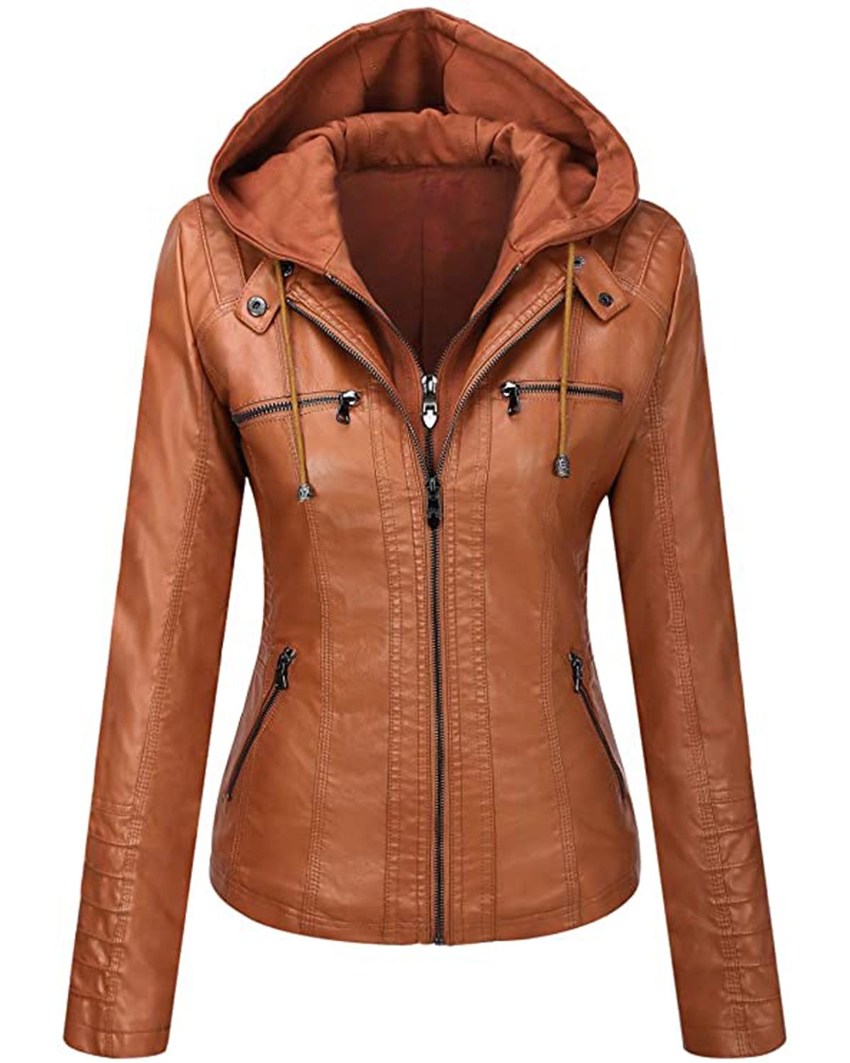 Women's Removable Hood Slim Fit Biker Real Leather Jacket