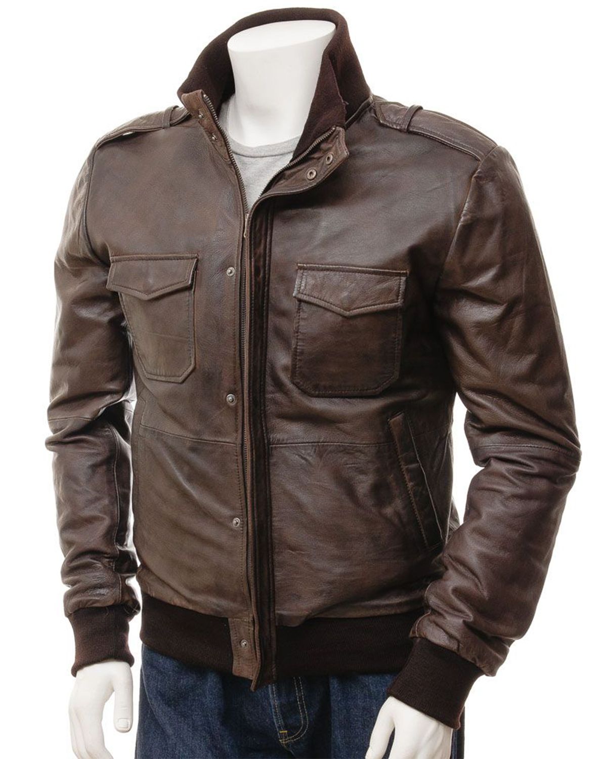 Men's Epaulettes Shoulder Stylish Bomber Leather Jacket