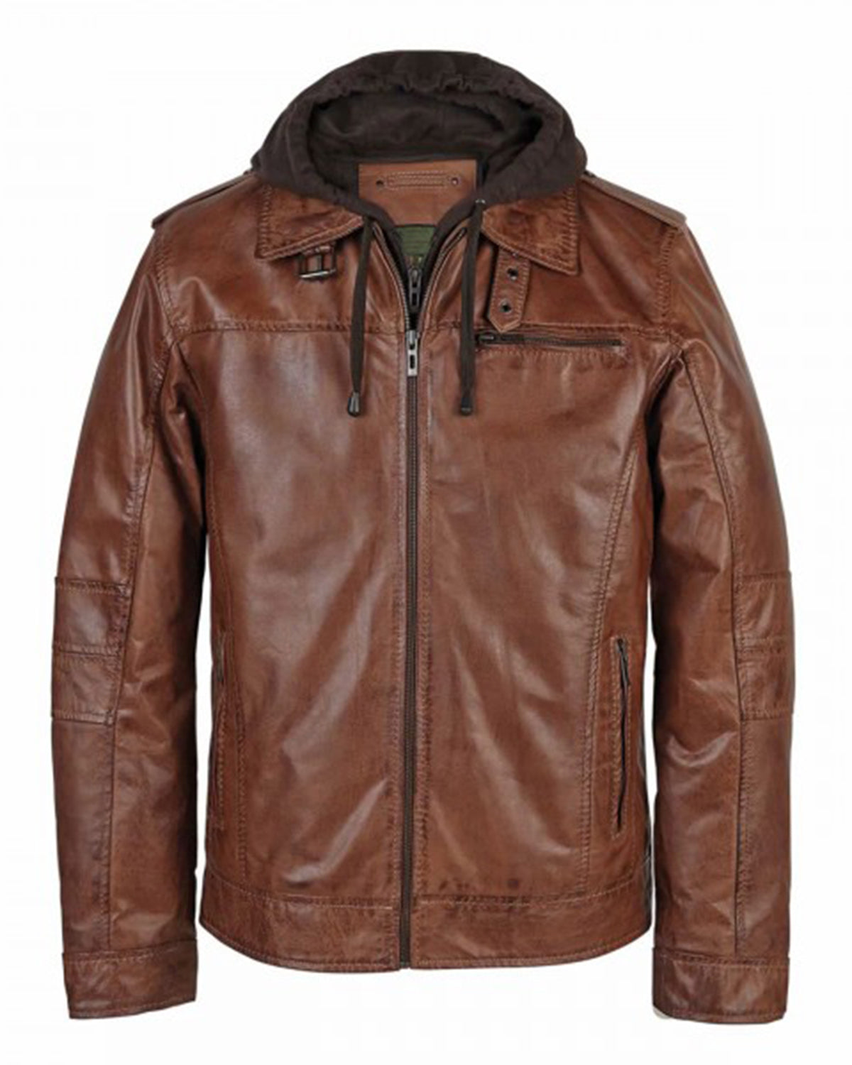 Mens Rust Hooded Brown Leather Jacket