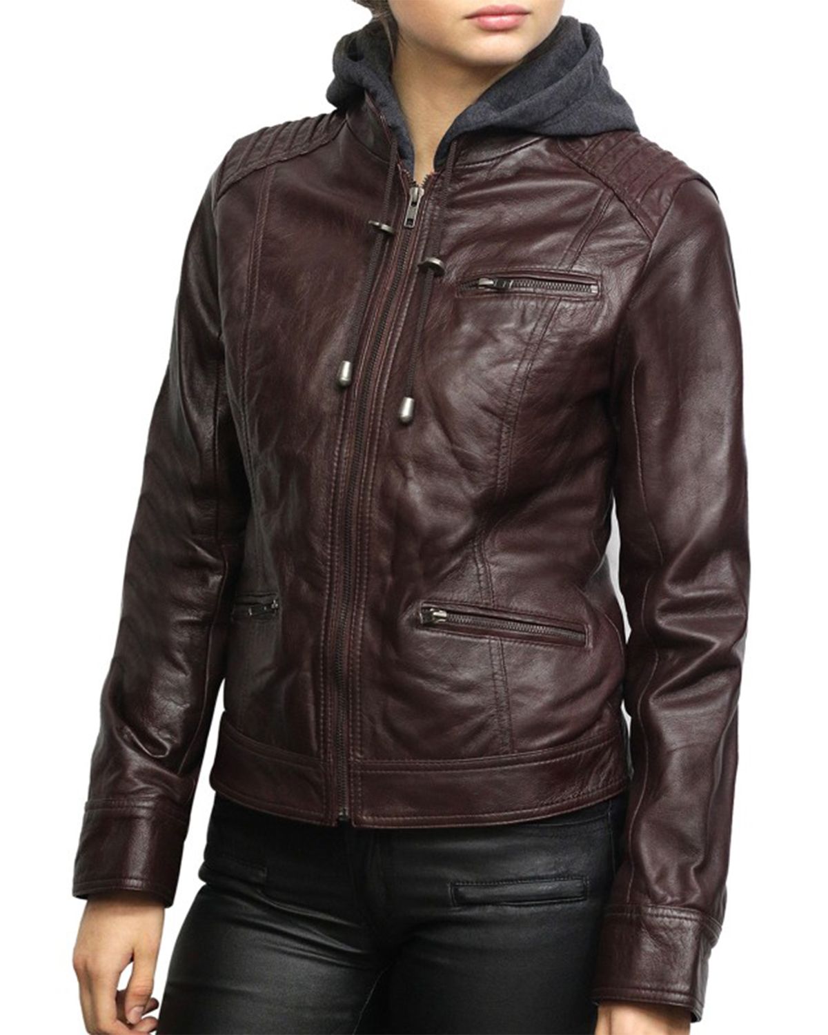 Women's Short Hooded Leather Biker Jacket