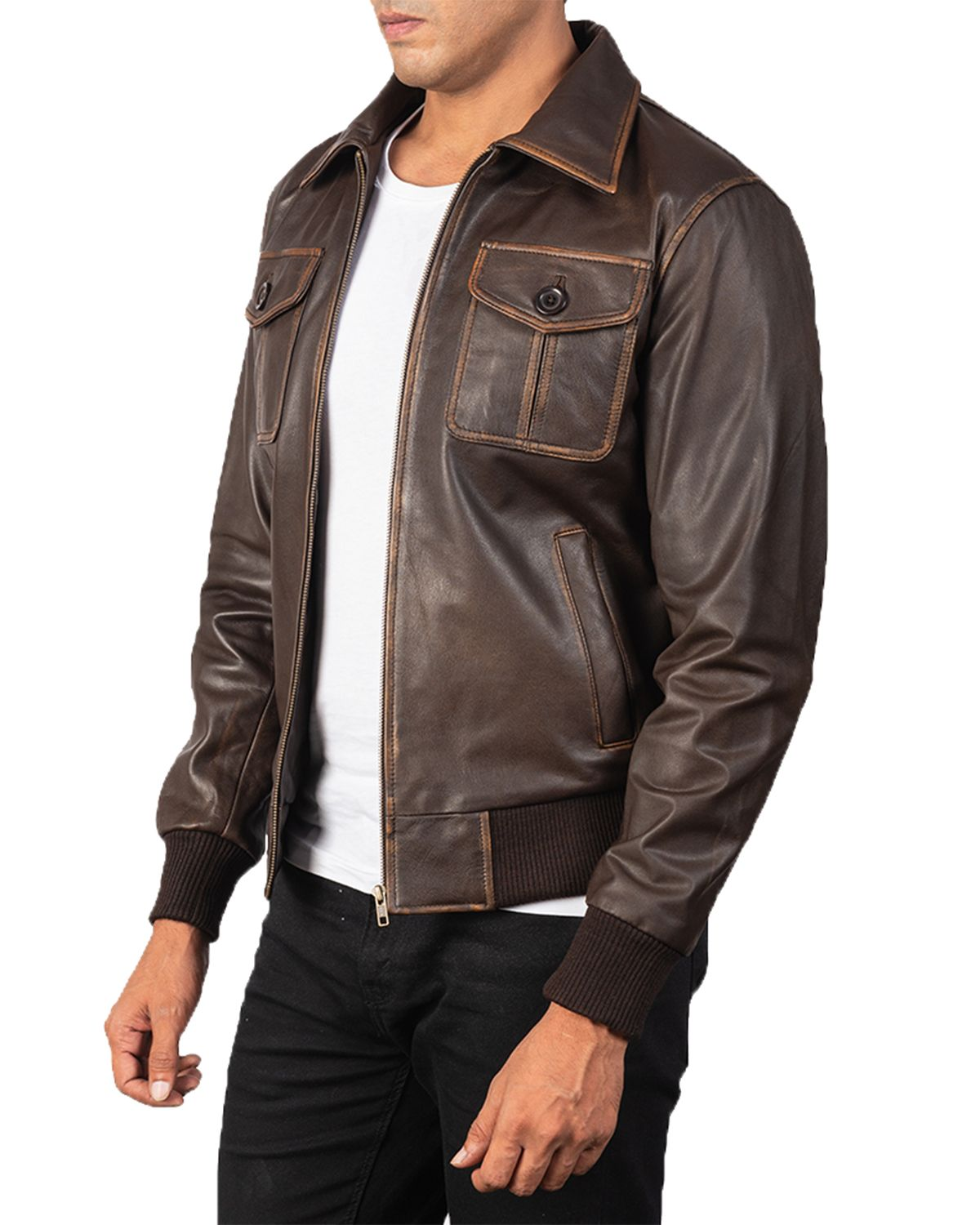 Men's Four Pockets Brown Bomber Leather Jacket