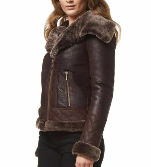 Women's Fur Shearling Stylish Brown Biker Jacket