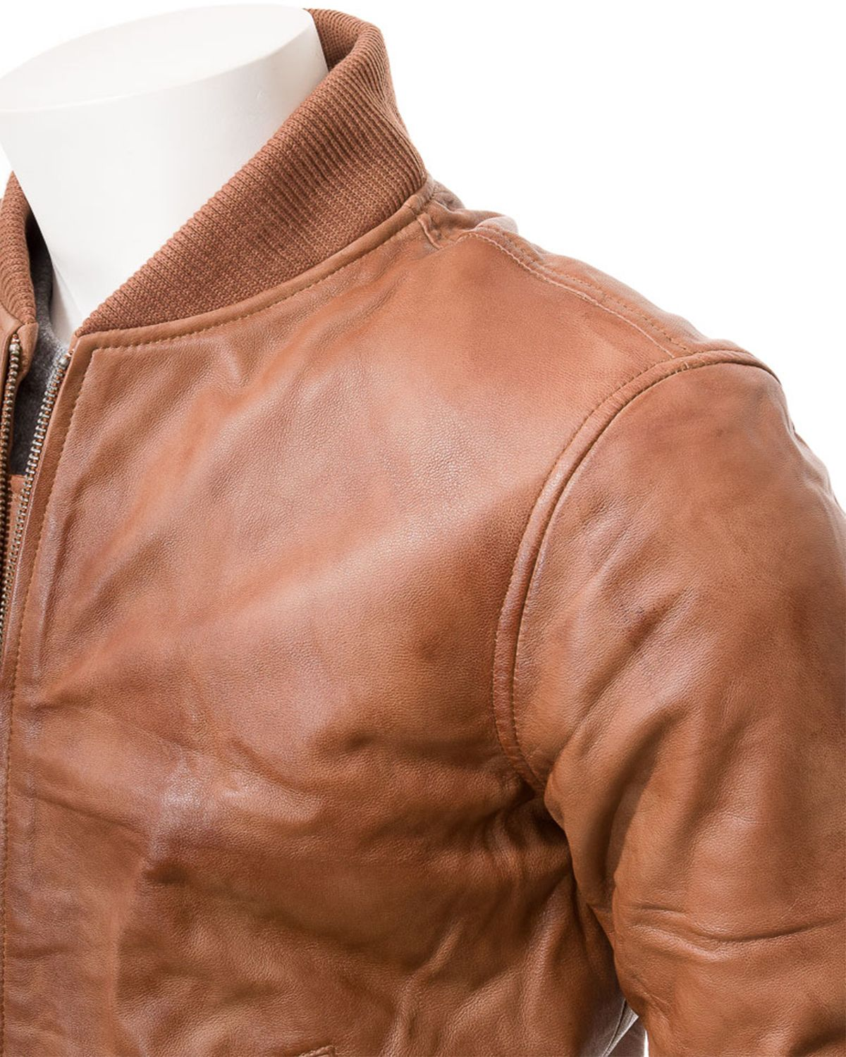 Men's Ribbed Cuffs Tan Brown Bomber Real Leather Jacket