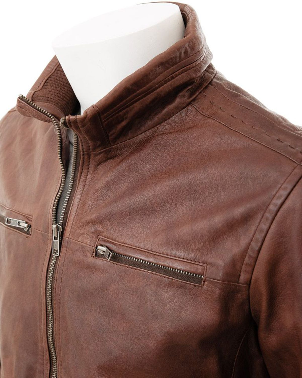 Men's Brown High Funnel Neck Collar Biker Real Leather Jacket