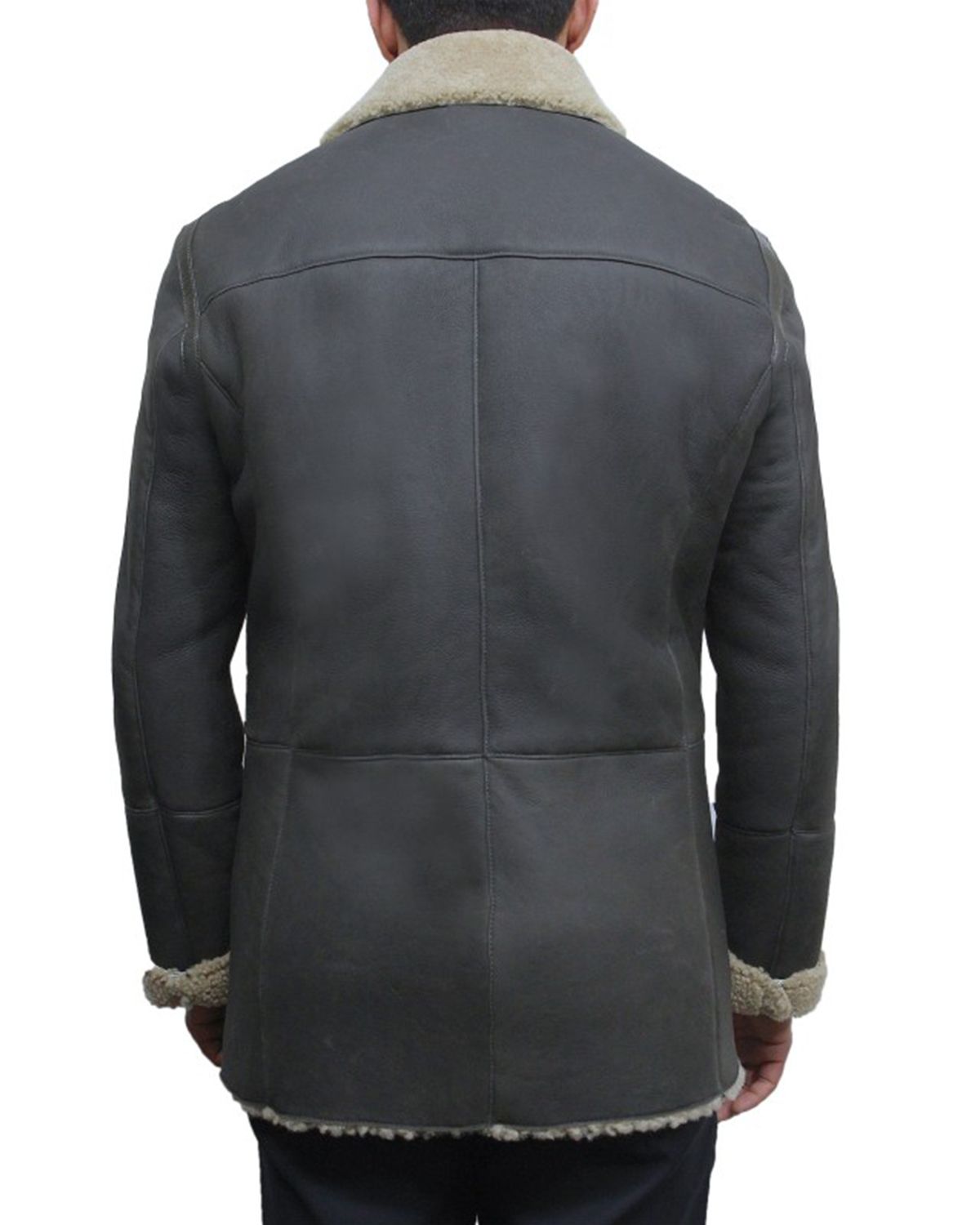 Men's Grey Double Breasted Real Leather Peacoat