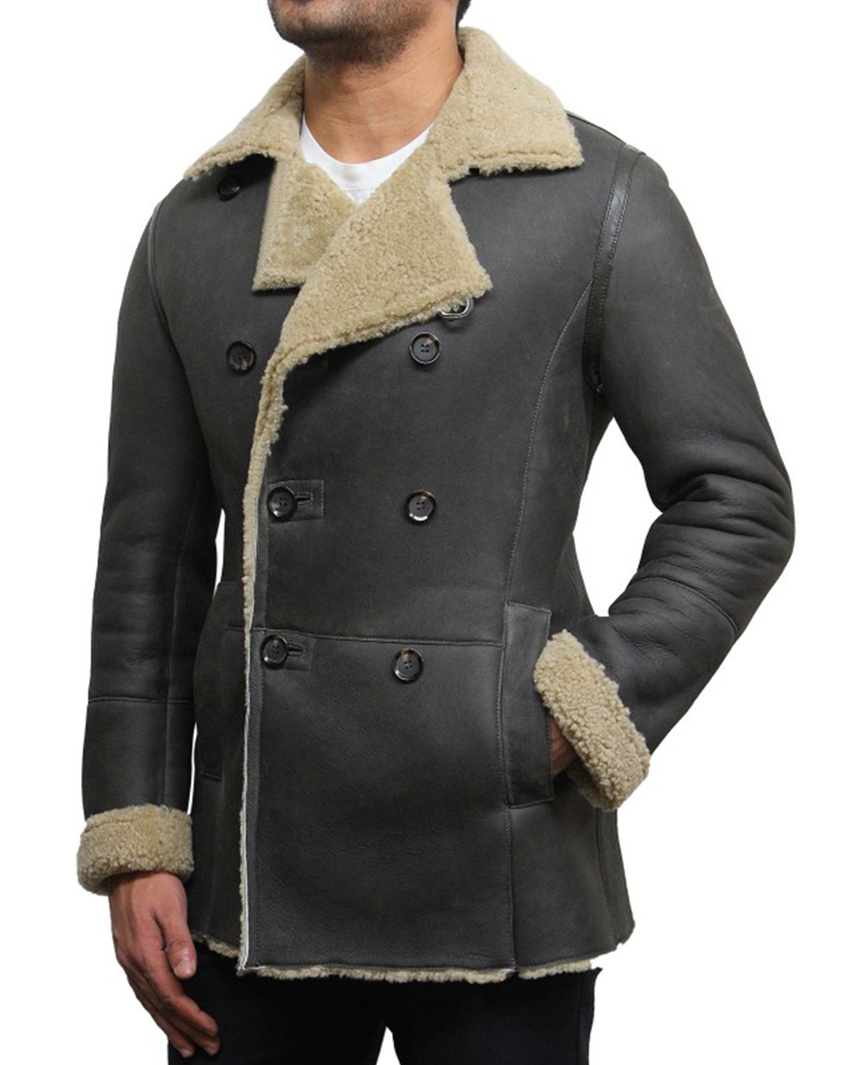 Men's Grey Double Breasted Real Leather Peacoat