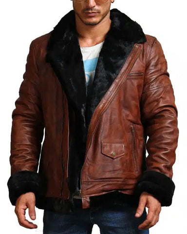 B3 Bomber Men Brown Vintage Fur Leather Jacket