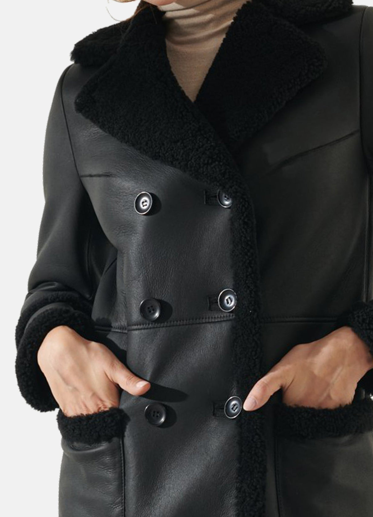 Womens Jet Black Shearling Leather Coat